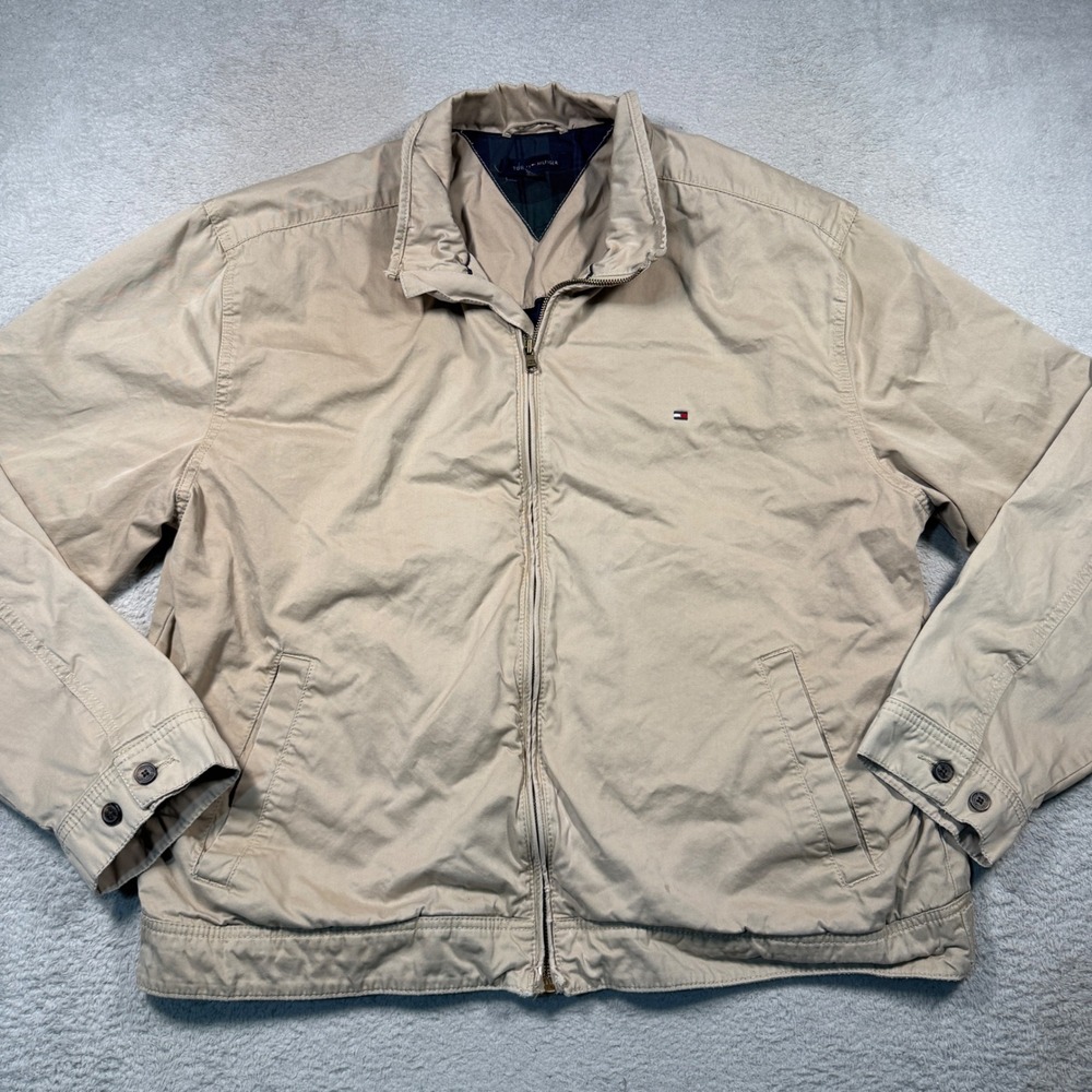 Vintage Y2K Tommy Hilfiger Harrington Jacket Mens XXL Tan Plaid Lined Bomber